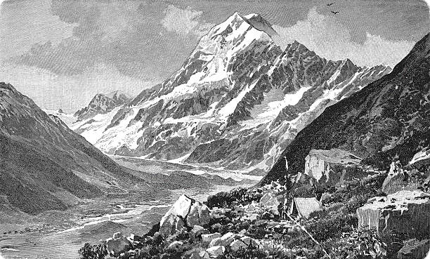 Mount Cook, Aoraki, the highest peak in New Zealand, showing snow-capped mountain and Southern Alps grandeur, old vintage illustration, 1899