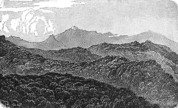 Bismarck Mountains range in Papua New Guinea with rugged peaks and tropical forest, showing remote highland geography, old vintage illustration, 1899