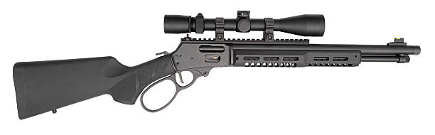istock Black lever action rifle with rifle scope attached 2253933494
