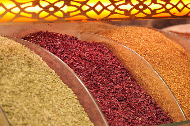 Colorful spices create a rich visual experience at a bustling market.