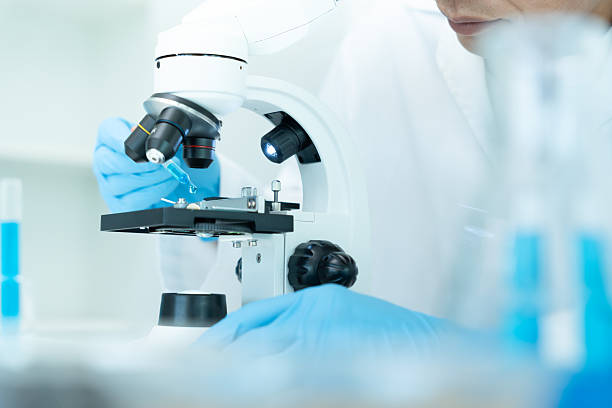 istock Scientist analyze biochemical samples in advanced scientific laboratory. Medical professional use microscope look microbiological developmental of viral. Biotechnology research in science lab. 2253936948