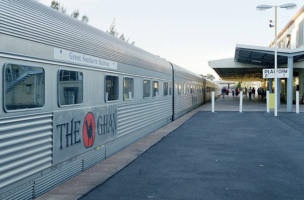 Historical photo from December 2001: The famous Ghan railway (The Great Southern Railway) during a stop at Adelaide Parklands Terminal or Alice Springs Railway Station.