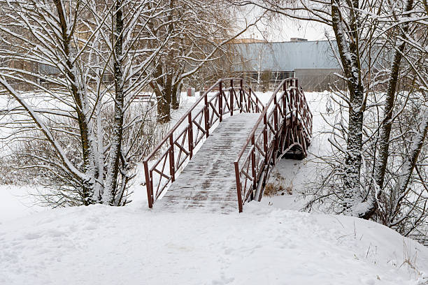 A wooden bridge spans a small stream in a snow-covered park, creating a serene winter scene
