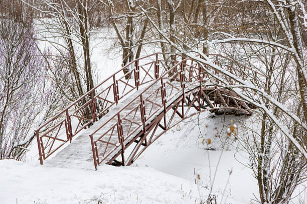 A metal bridge crosses a small stream amid snow-covered trees in a quiet winter woodland