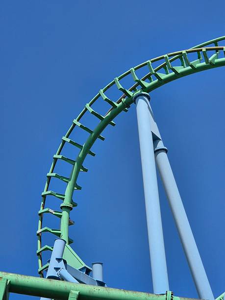 istock Intricate green and blue steel roller coaster track design 2253940400