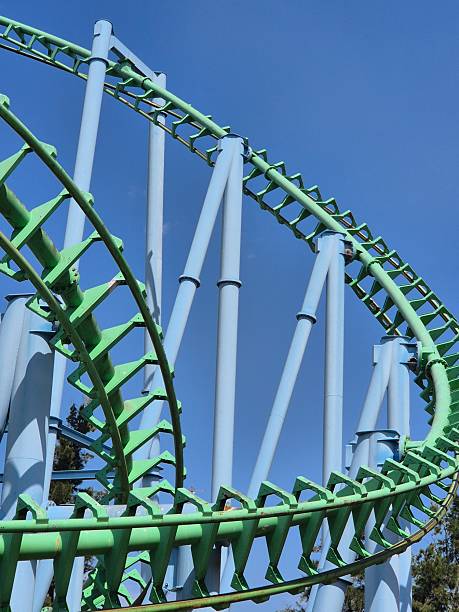 istock Intricate green and blue steel roller coaster track design 2253940406