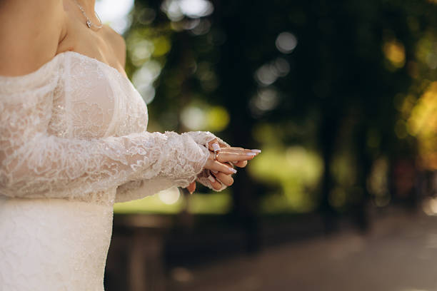 Bride holding hands, displaying gold wedding ring on finger with elegant white lace dress detail during outdoor ceremony
