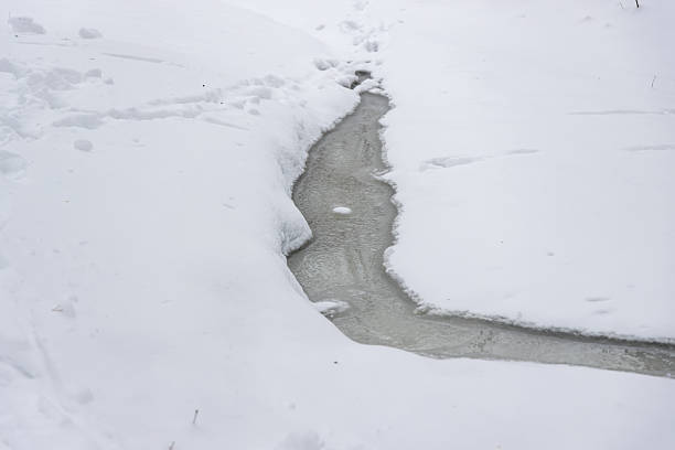A narrow stream flows persistently through a blanket of snow, creating a contrast between icy white surroundings and moving water