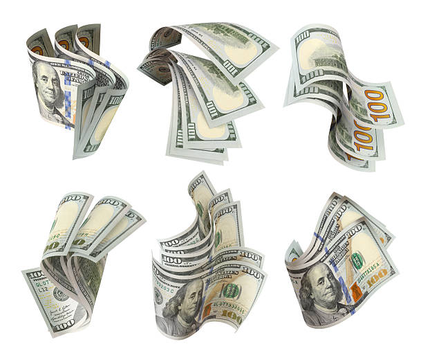 istock Set of flying 100 dollars banknotes, isolated on white background 2253942551