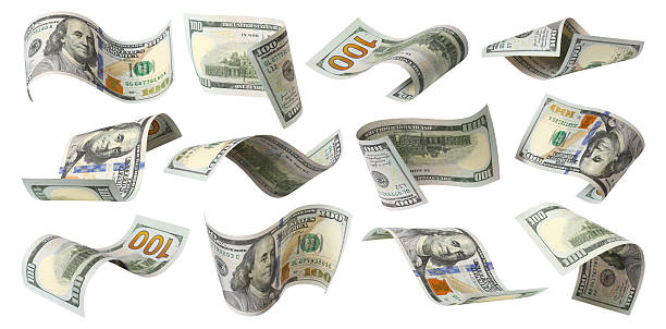 istock Set of flying 100 dollars banknotes, isolated on white background 2253942566
