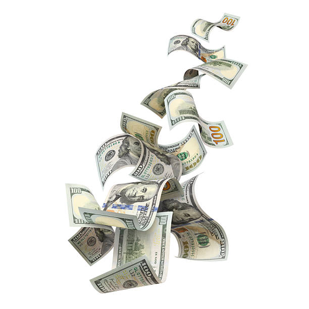 istock Flying hundred dollar banknotes, isolated on white background 2253942587