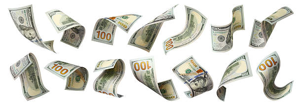 istock Set of flying 100 dollars banknotes, isolated on white background 2253942604