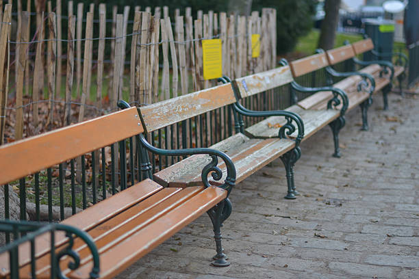 Serene park landscape in Denmark showcasing a red wooden bench set on a lush green lawn. Framed with trees casting afternoon light, the natural ambiance evokes relaxation and timeless beauty.