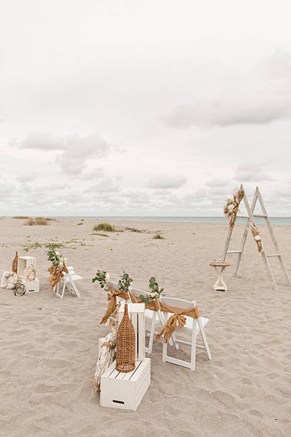 istock Soft Pastel Beach Wedding Decor with Burlap, Rustic White Wood, Rattan, Ivory-Colored Roses, Cream Stock Spray Flowers & Sage-Green Eucalyptus for a Modern Rustic Beach Wedding in Jupiter, Florida in December 2025 2253946294