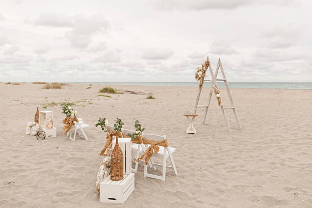 istock Soft Pastel Beach Wedding Decor with Burlap, Rustic White Wood, Rattan, Ivory-Colored Roses, Cream Stock Spray Flowers & Sage-Green Eucalyptus for a Modern Rustic Beach Wedding in Jupiter, Florida in December 2025 2253946296