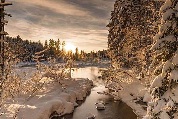 istock Winter River at Sunrise with Snow Covered Forest Landscape 2253949953