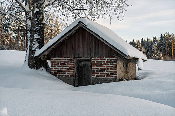 Quiet winter scene featuring a small rustic hut with brick and wooden walls, surrounded by deep snow and bare trees. Soft daylight and a natural forest backdrop create a calm, rural atmosphere that conveys isolation, simplicity, and countryside
