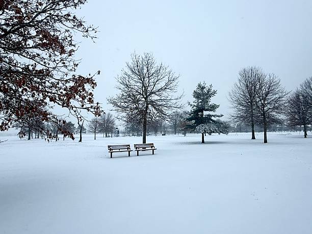 istock Winter snowfall on playground benches. 2253955411