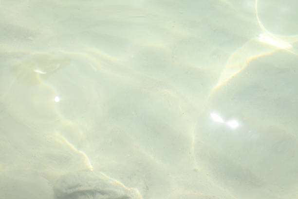 High angle view of sunlight reflecting off the surface of crystal clear shallow sea water over a light sandy ocean floor on a bright day