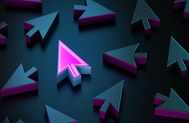 istock A Pink Glowing Mouse Pointer Symbol Surrounded By Many Mouse Pointer Symbols On Dark Blue Black Background 2253959852