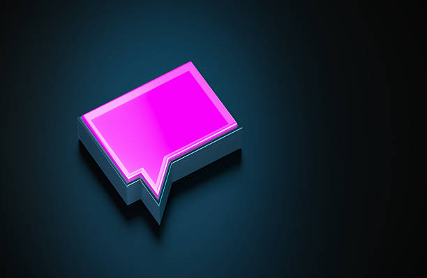 A pink glowing speech bubble symbol on dark blue background. Horizontal composition with copy space.