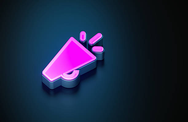 A pink glowing megaphone symbol on dark blue background. Horizontal composition with copy space.