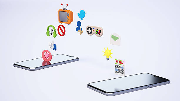 Two mobile devices display multiple icons representing social media, entertainment, and communication. The icons appear vibrant and engage with users in a digital space.