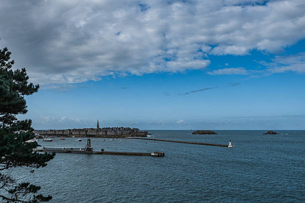 Saint-Malo cityscape overlooking the coastline during high tide in Bretagne, France