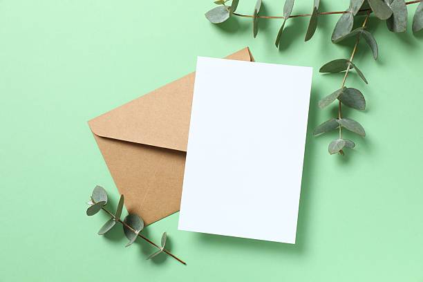 istock Greeting card mockup with envelope and eucalyptus branches. Empty greeting card for text design 2253966762