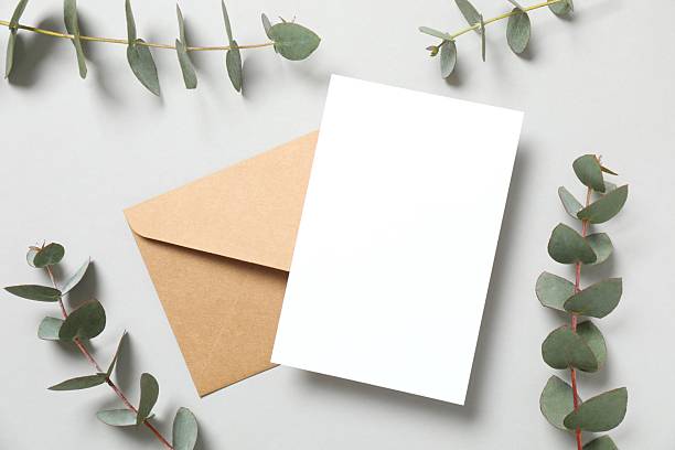 istock Greeting card mockup with envelope and eucalyptus branches. Empty greeting card for text design 2253966772