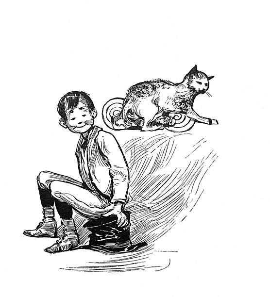 Antique illustration pre 1900 - young boy sitting on a stump near a cat