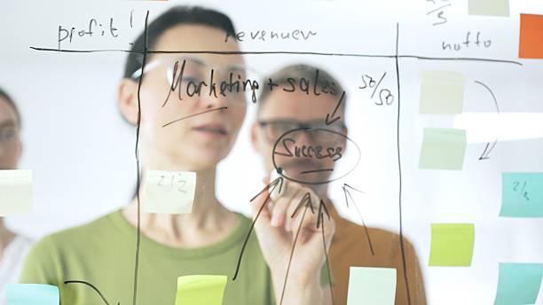istock Marketing team collaborating, strategizing business growth with colorful sticky notes on transparent board, targeting revenue and profitability goals 2253969247