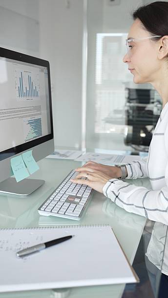 istock Woman analyst working on computer, analyzing business data with charts and graphs, marketing report on screen. Businesspeople concept 2253969888