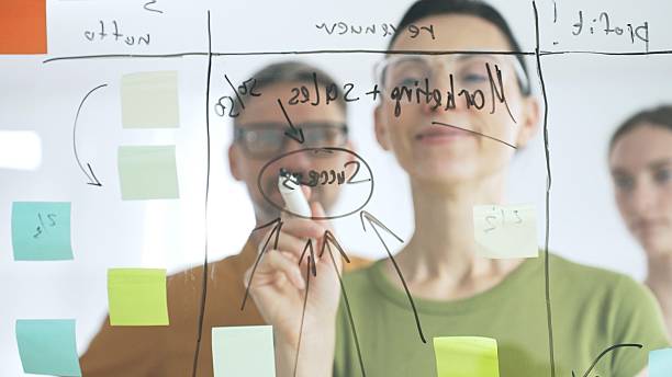 istock Professional team brainstorming, sharing strategy on glass whiteboard with colorful sticky notes, working collaboratively in bright office space. Business people concept 2253970390