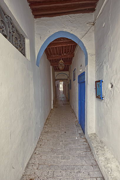Narrow corridor covered by the framework of wooden beams supporting the houses above it, communicating several streets in the area behind the Kasbah Mosque in the medina or old town. Tangier-Morocco.