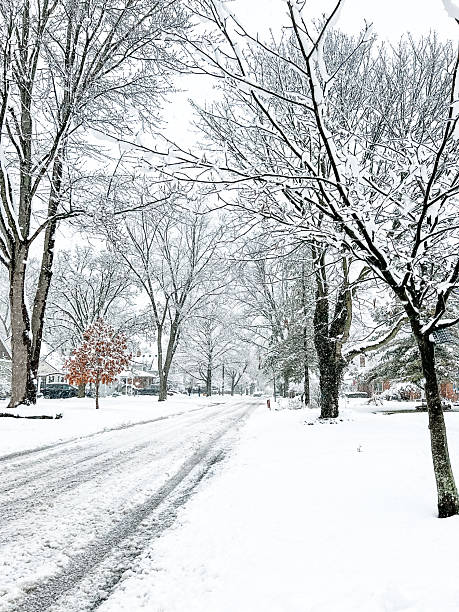 istock Snow Covered Residential Street Lined With Trees 2253974544