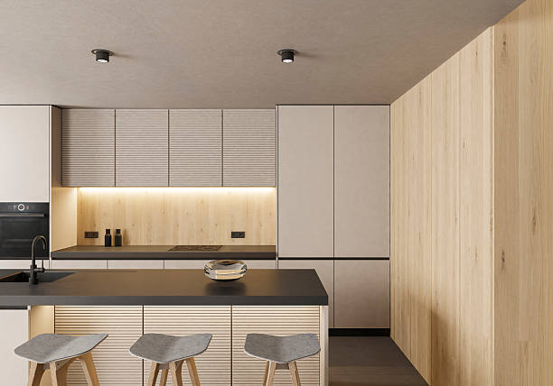 istock Modern Japandi Minimalist Kitchen with Natural Wood and Neutral Tones 2253978421