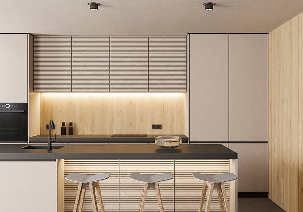 istock Modern Japandi Minimalist Kitchen with Natural Wood and Neutral Tones 2253978458