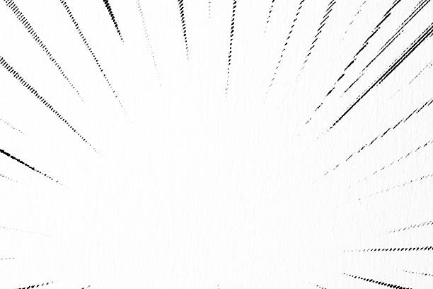 Extreme close-up of black halftone radial speed lines bursting from a bright center on white textured paper, creating a dynamic manga-style background.