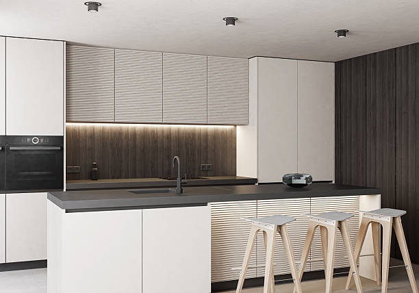 istock Modern Luxury Interior with Dark Wood Panels and Minimalist Kitchen 2253979389