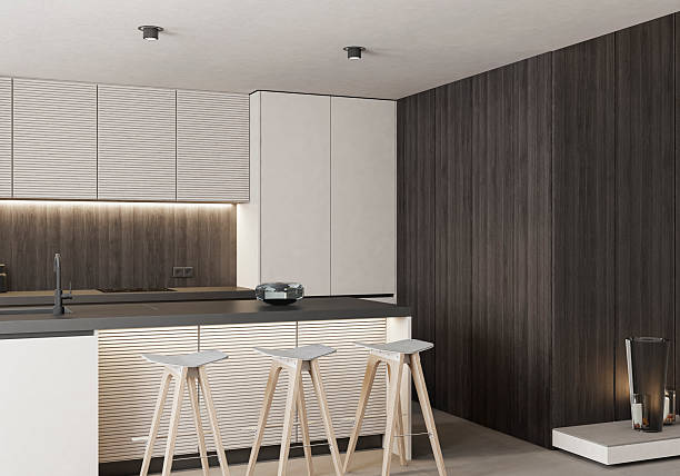istock Modern Luxury Interior with Dark Wood Panels and Minimalist Kitchen 2253979390