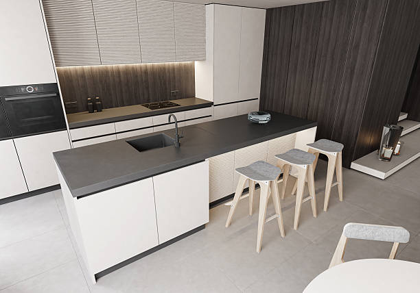 istock Modern Luxury Interior with Dark Wood Panels and Minimalist Kitchen 2253979397