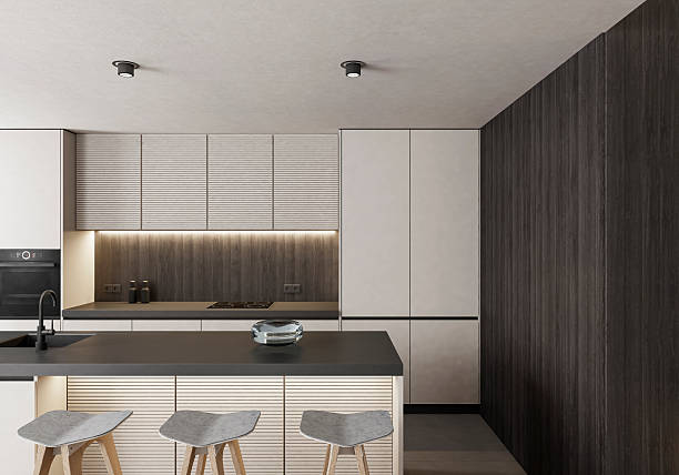 istock Modern Luxury Interior with Dark Wood Panels and Minimalist Kitchen 2253979406