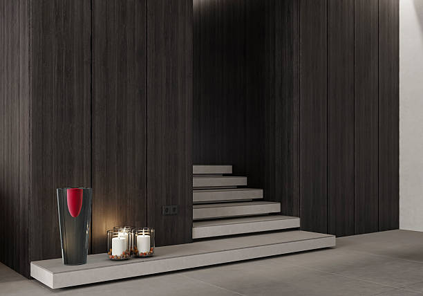 istock Modern interior entrance corridor featuring dark wood wall panels 2253979447