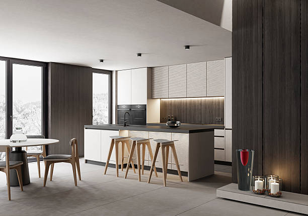 istock Modern Luxury Interior with Dark Wood Panels and Minimalist Kitchen 2253979455