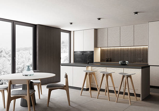 istock Modern Luxury Interior with Dark Wood Panels and Minimalist Kitchen 2253979458