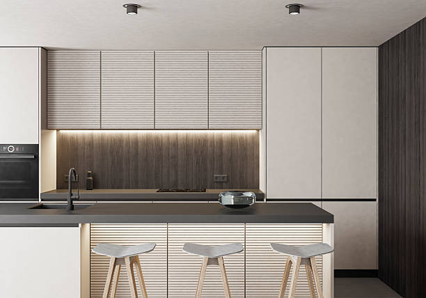 istock Modern Luxury Interior with Dark Wood Panels and Minimalist Kitchen 2253979478