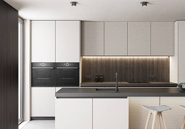 istock Modern Luxury Interior with Dark Wood Panels and Minimalist Kitchen 2253979480