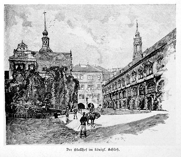 istock Inner courtyard of a royal palace complex with stables and surrounding buildings – 19th-century engraving 2253981876