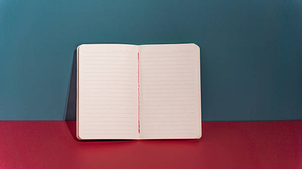 istock Open Blank Notebook with Red Stitching on Minimalist Blue and Red Background for Copy Space 2253983312